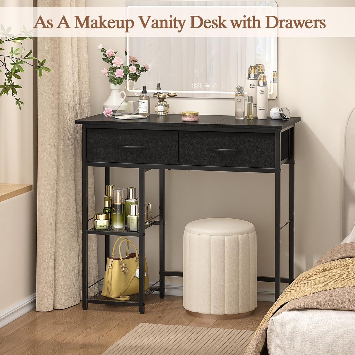Black Small Writing Desk with 2 Drawers and Storage Shelf J355