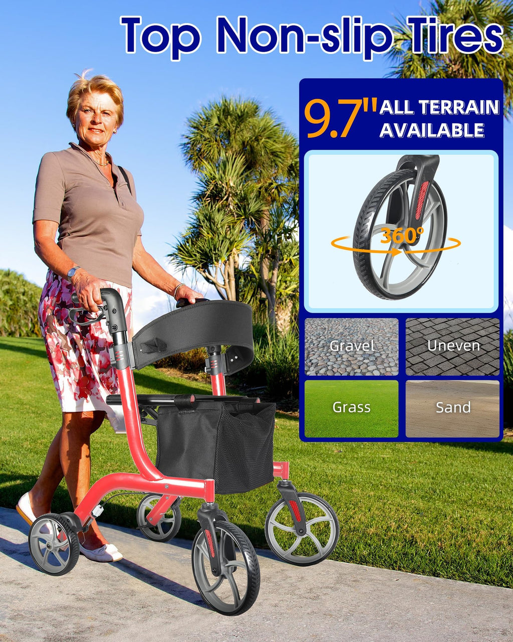 Foldable Rollator Walker with Seat, 19 lbs Lightweight, 10-Inch Wheels S57728