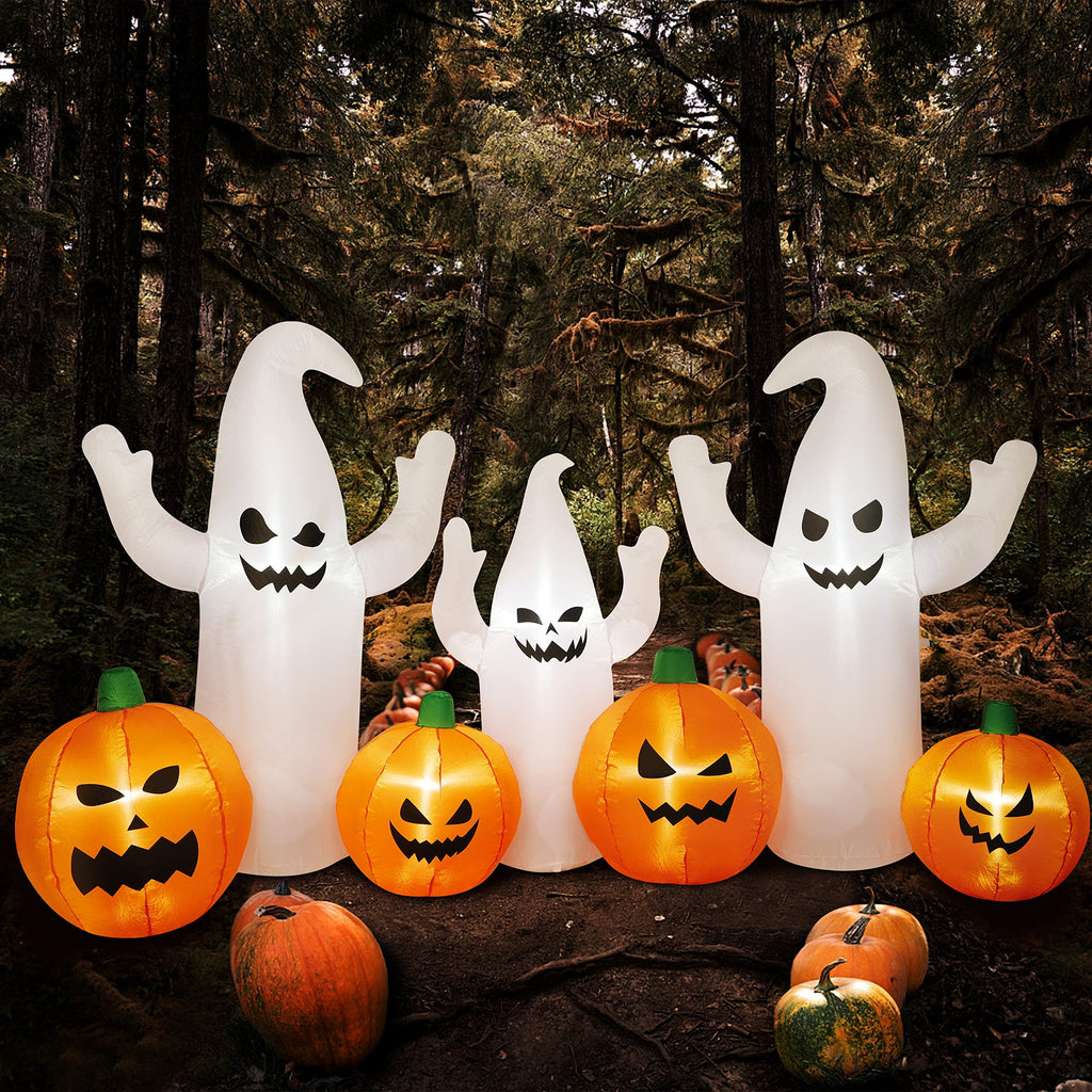 8 FT Lighted Halloween Inflatable Ghosts with Pumpkins R4502
