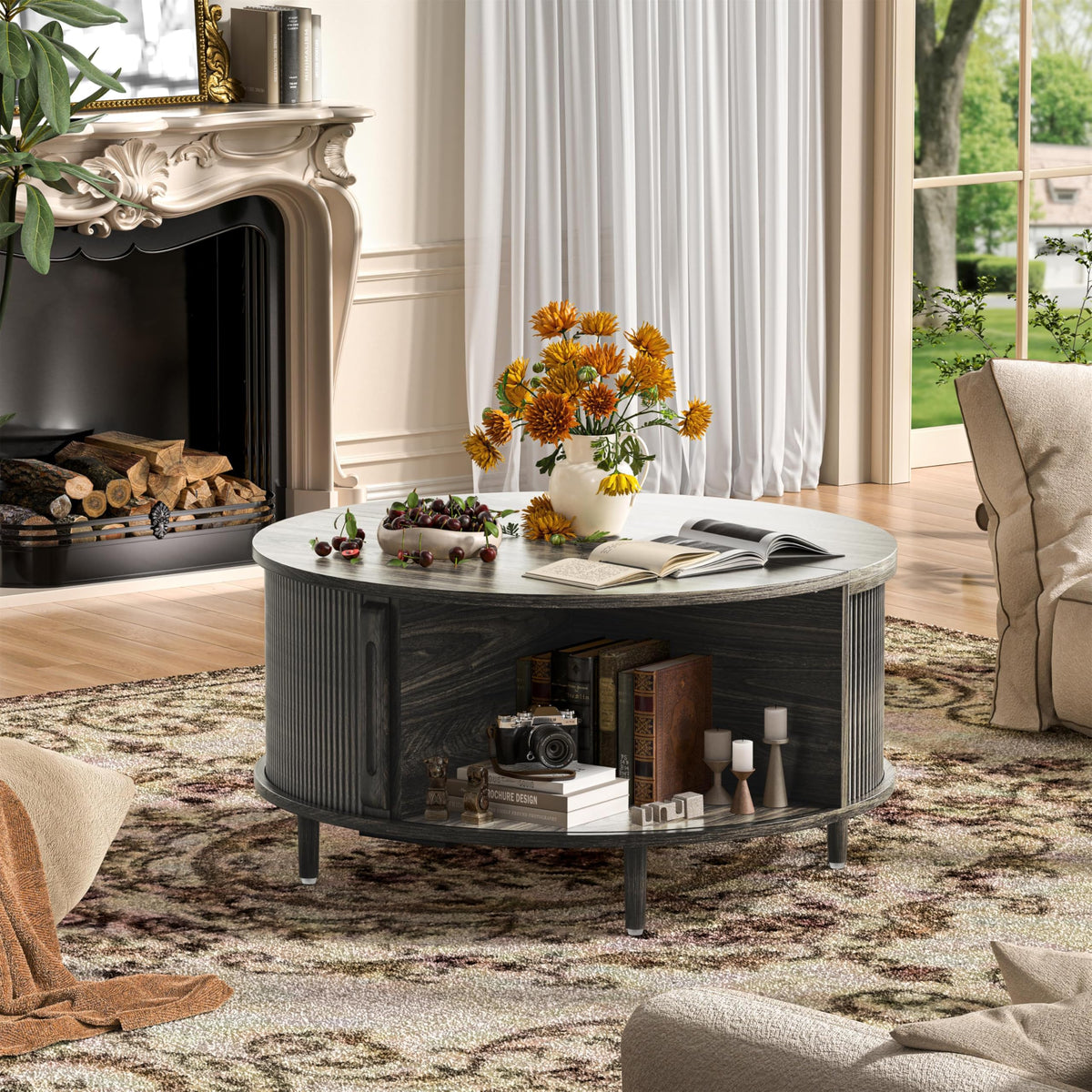 Round Coffee Table, 31.5" Lift-Top with Storage, Grey L884