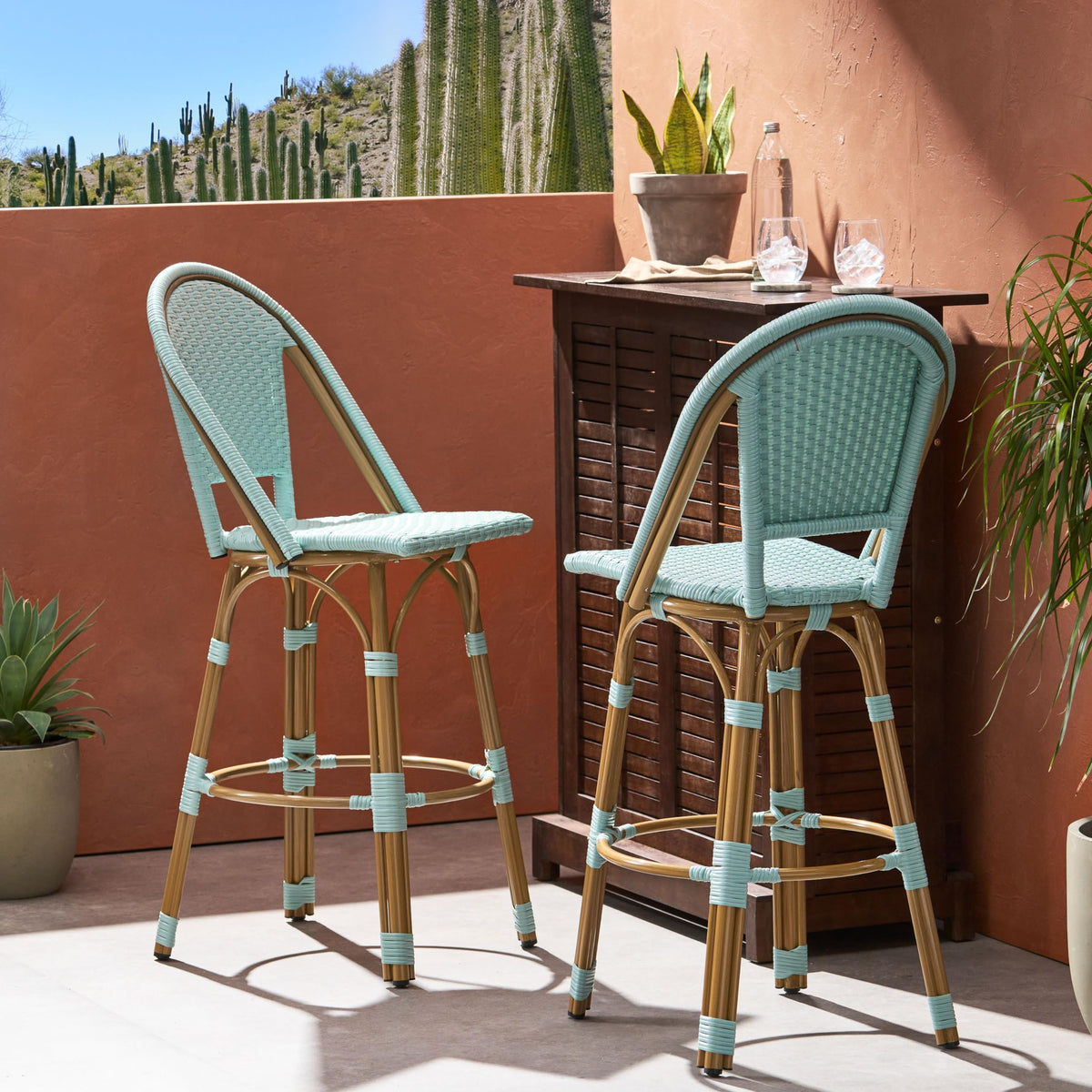 Light Teal PE Rattan Aluminum Bar Stools Set of 2 V76334