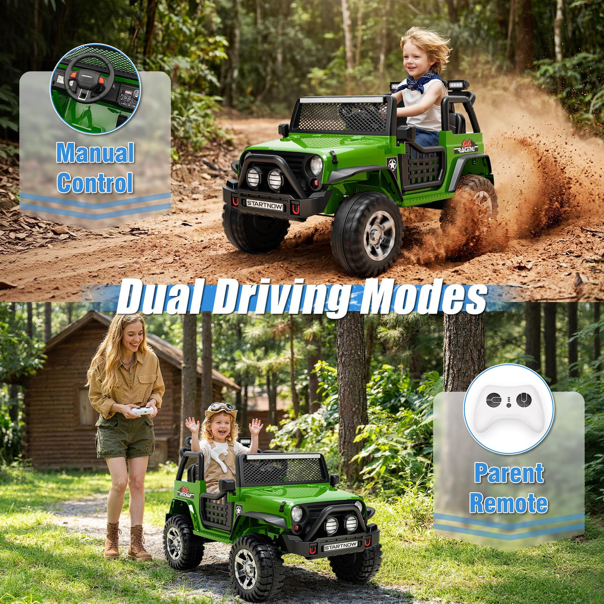 24V 4WD Ride on Truck Car with 800W Motors, Remote Control, 2 Seaters, Green T7647