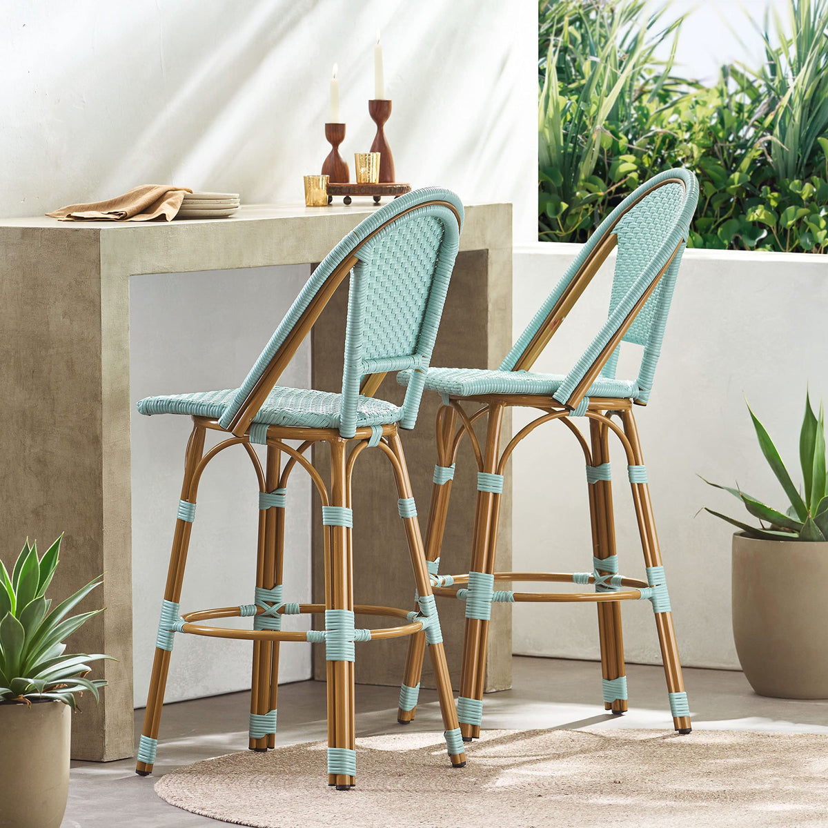 Light Teal PE Rattan Aluminum Bar Stools Set of 2 V76334