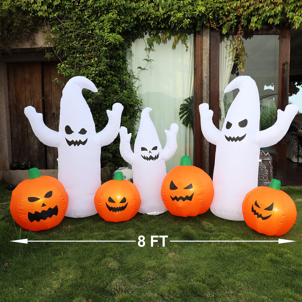 8 FT Lighted Halloween Inflatable Ghosts with Pumpkins R4502