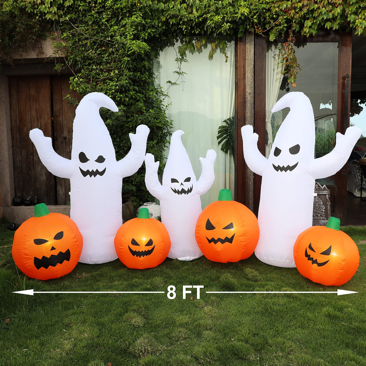 8 FT Lighted Halloween Inflatable Ghosts with Pumpkins R4502