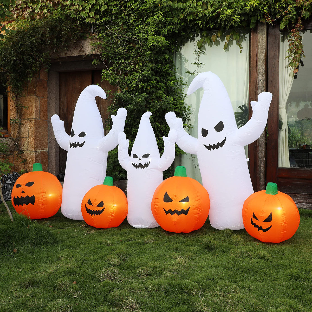 8 FT Lighted Halloween Inflatable Ghosts with Pumpkins R4502